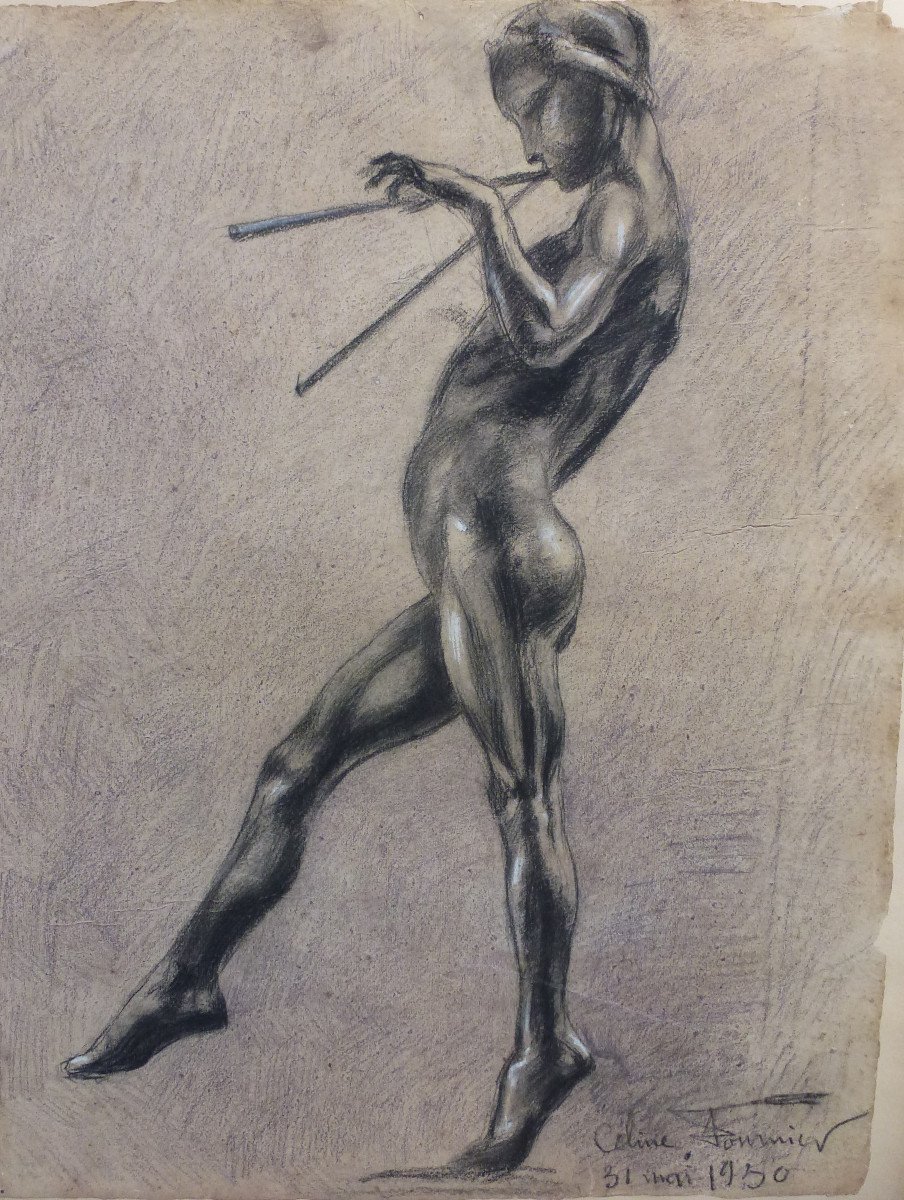 Céline Pommier Charcoal Drawing Flutist French School Of The 20th Century-photo-2