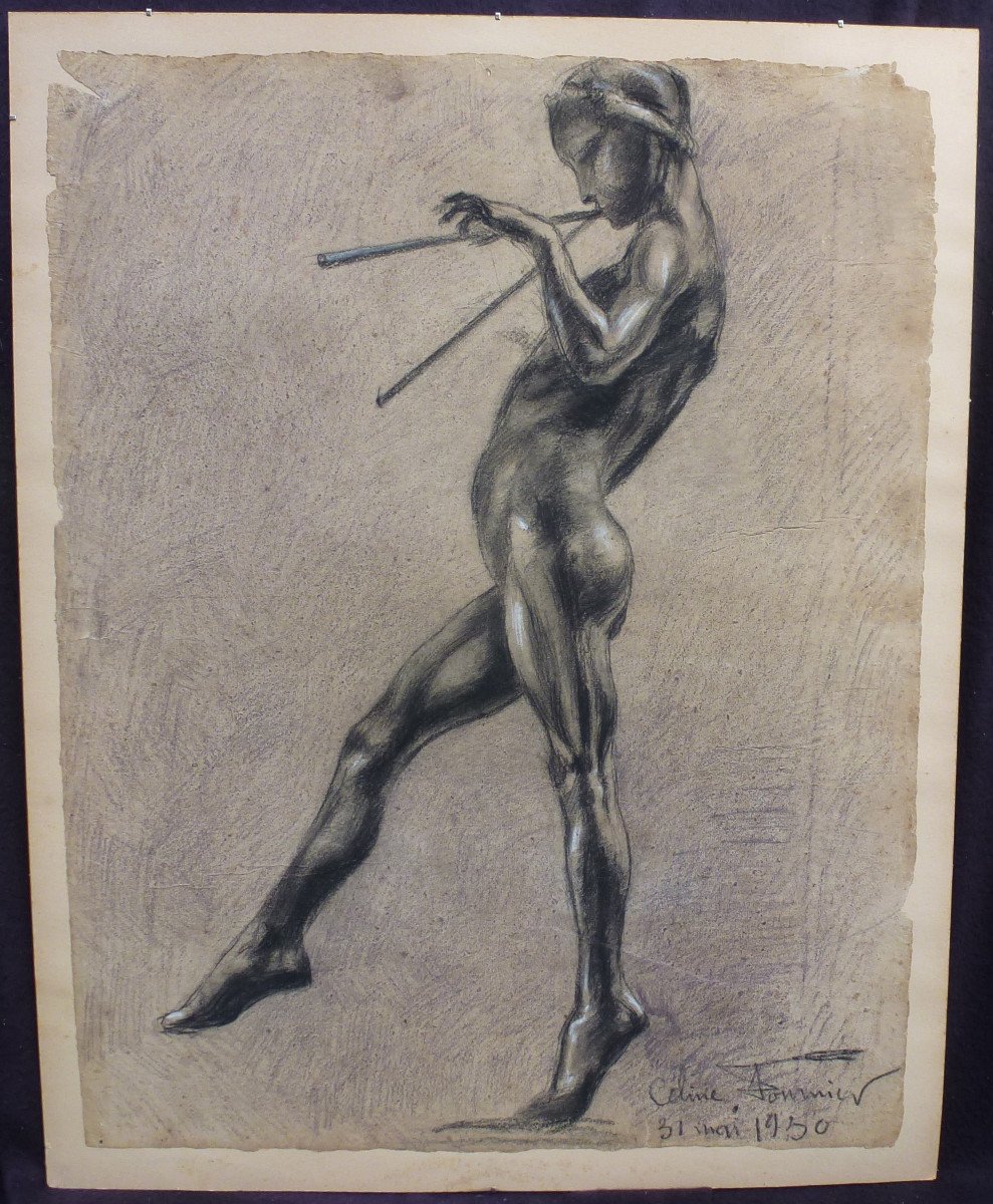 Céline Pommier Charcoal Drawing Flutist French School Of The 20th Century