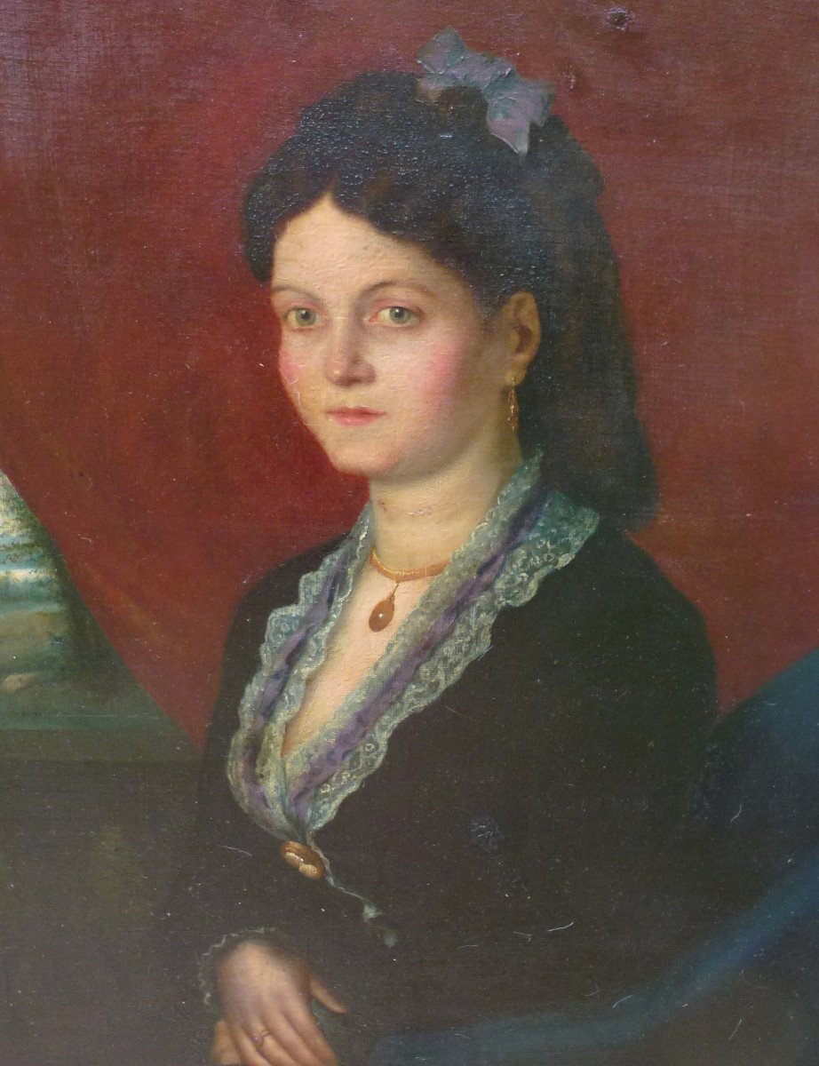Portrait De Jeune Femme Epoque Second Empire Huile/toile Du XIXème Siècle-photo-5