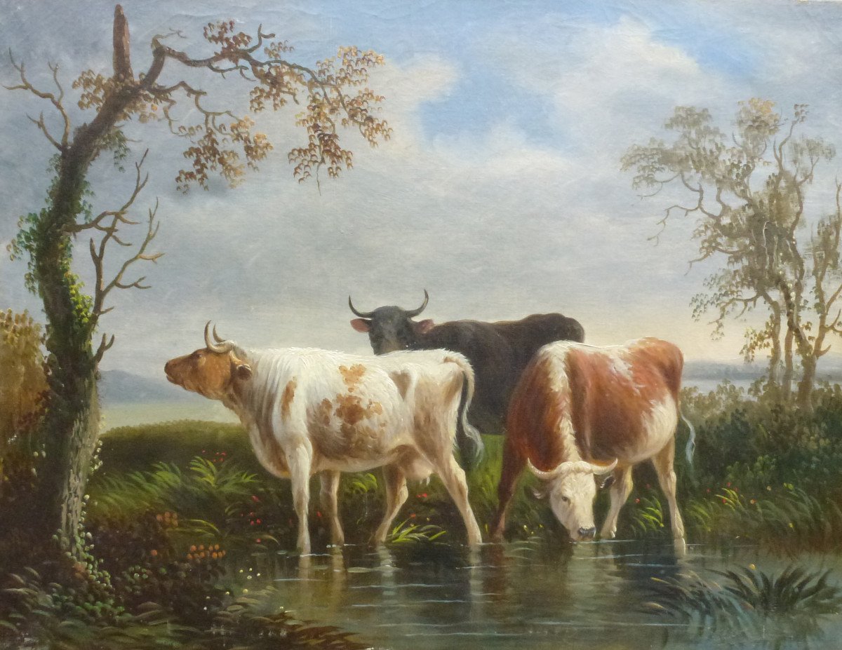 Table Rural Scene With Cows Oil / Canvas Late 19th Century - Early 20th Century-photo-2