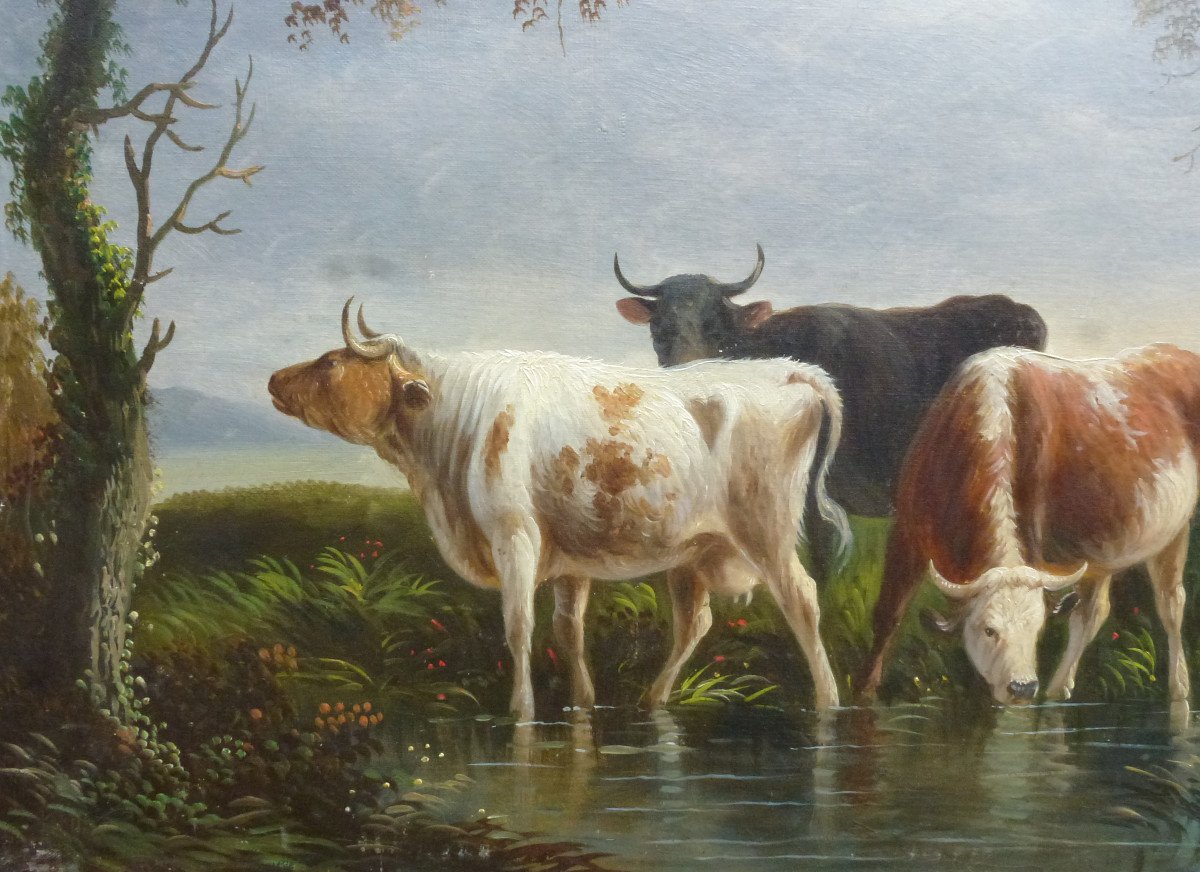 Table Rural Scene With Cows Oil / Canvas Late 19th Century - Early 20th Century-photo-2