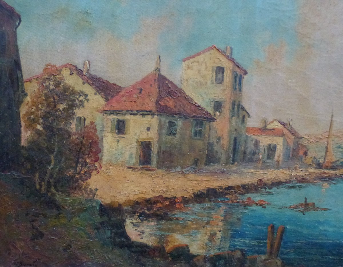 Bernard Seaside Landscape Painting Oil/canvas From The 20th Century Signed-photo-4