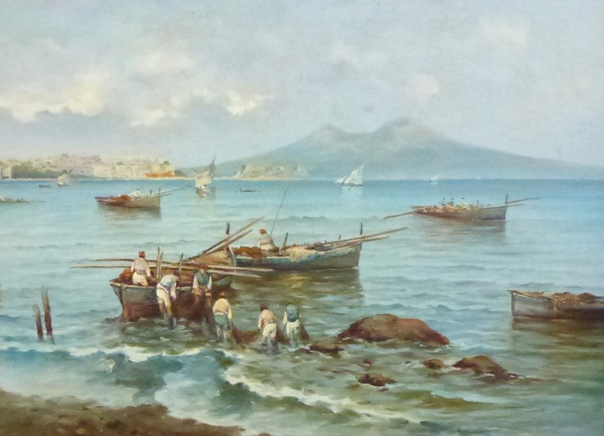 Landscape Painting View Of Naples Vesuvius Oil/canvas From The Early 20th Century Signed-photo-2