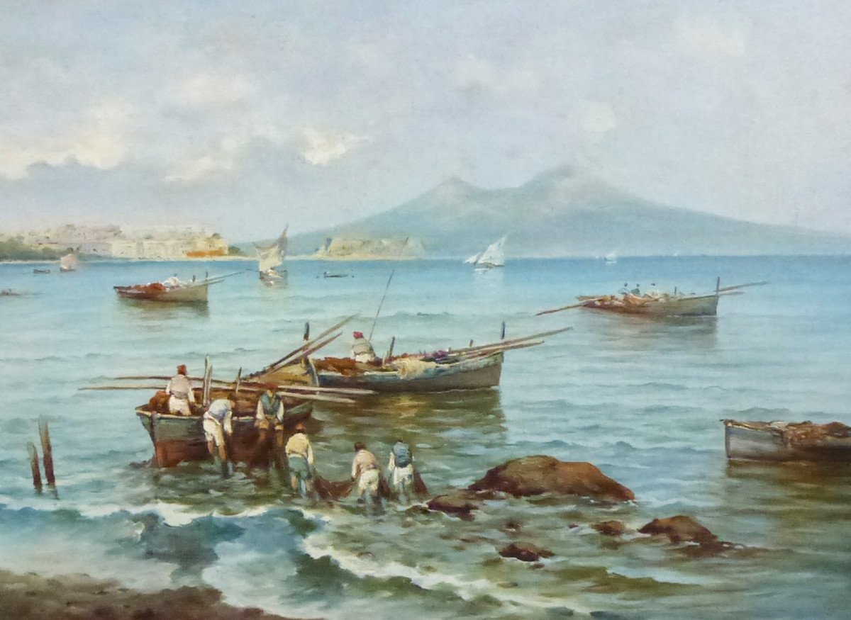 Landscape Painting View Of Naples Vesuvius Oil/canvas From The Early 20th Century Signed-photo-3