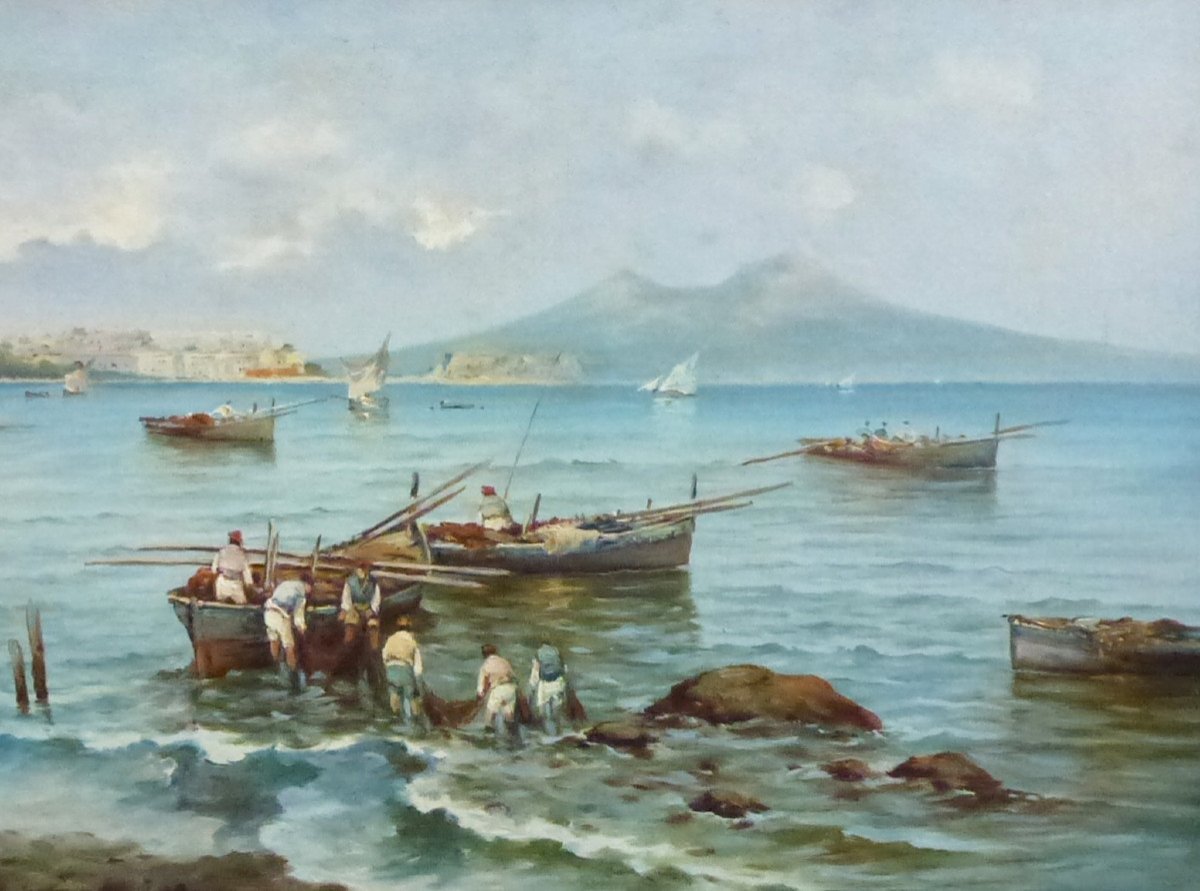 Landscape Painting View Of Naples Vesuvius Oil/canvas From The Early 20th Century Signed-photo-4