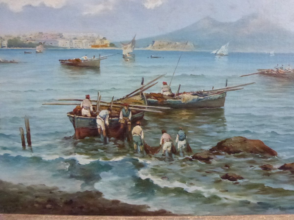 Landscape Painting View Of Naples Vesuvius Oil/canvas From The Early 20th Century Signed-photo-1