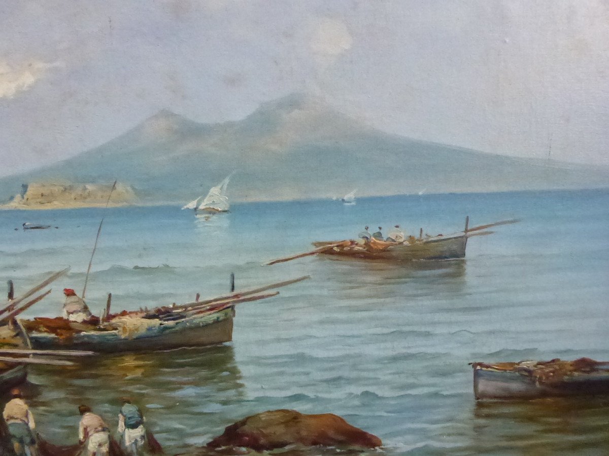 Landscape Painting View Of Naples Vesuvius Oil/canvas From The Early 20th Century Signed-photo-3