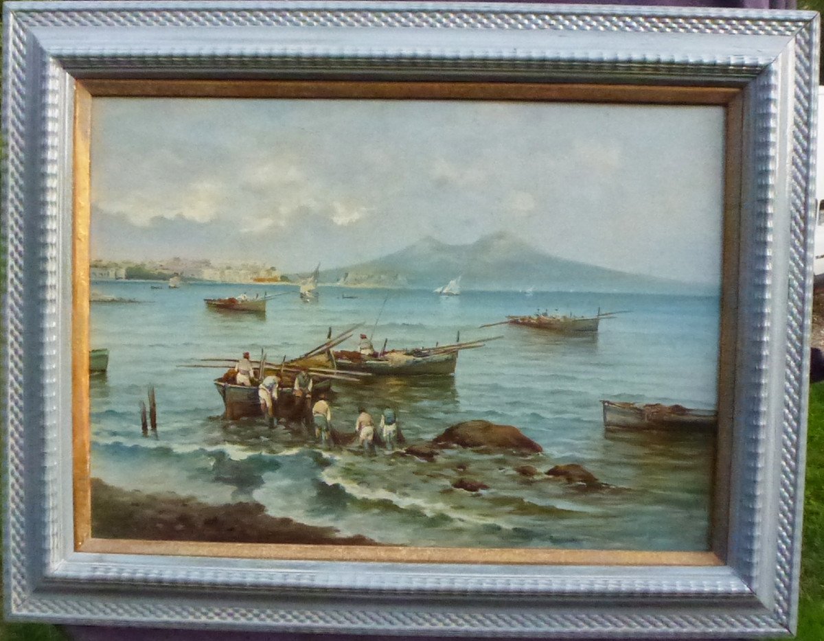 Landscape Painting View Of Naples Vesuvius Oil/canvas From The Early 20th Century Signed