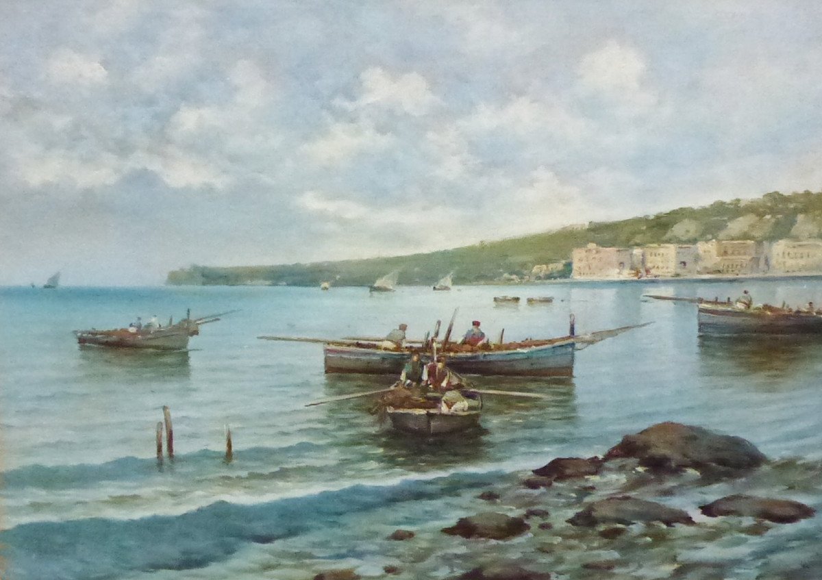 Tableau Paysage Vue De Naples Marine Huile/toile Du Début XXème Siècle Signé-photo-4