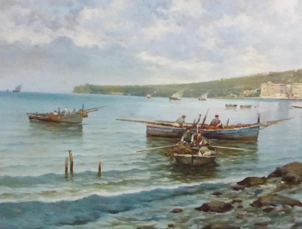 Tableau Paysage Vue De Naples Marine Huile/toile Du Début XXème Siècle Signé-photo-2