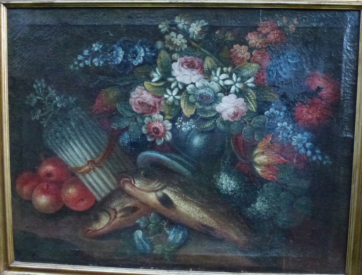Tableau Nature Morte Aux Poissons Ecole Italienne Huile/toile XVIIe Siècle-photo-2