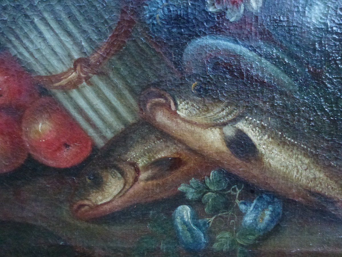 Tableau Nature Morte Aux Poissons Ecole Italienne Huile/toile XVIIe Siècle-photo-1