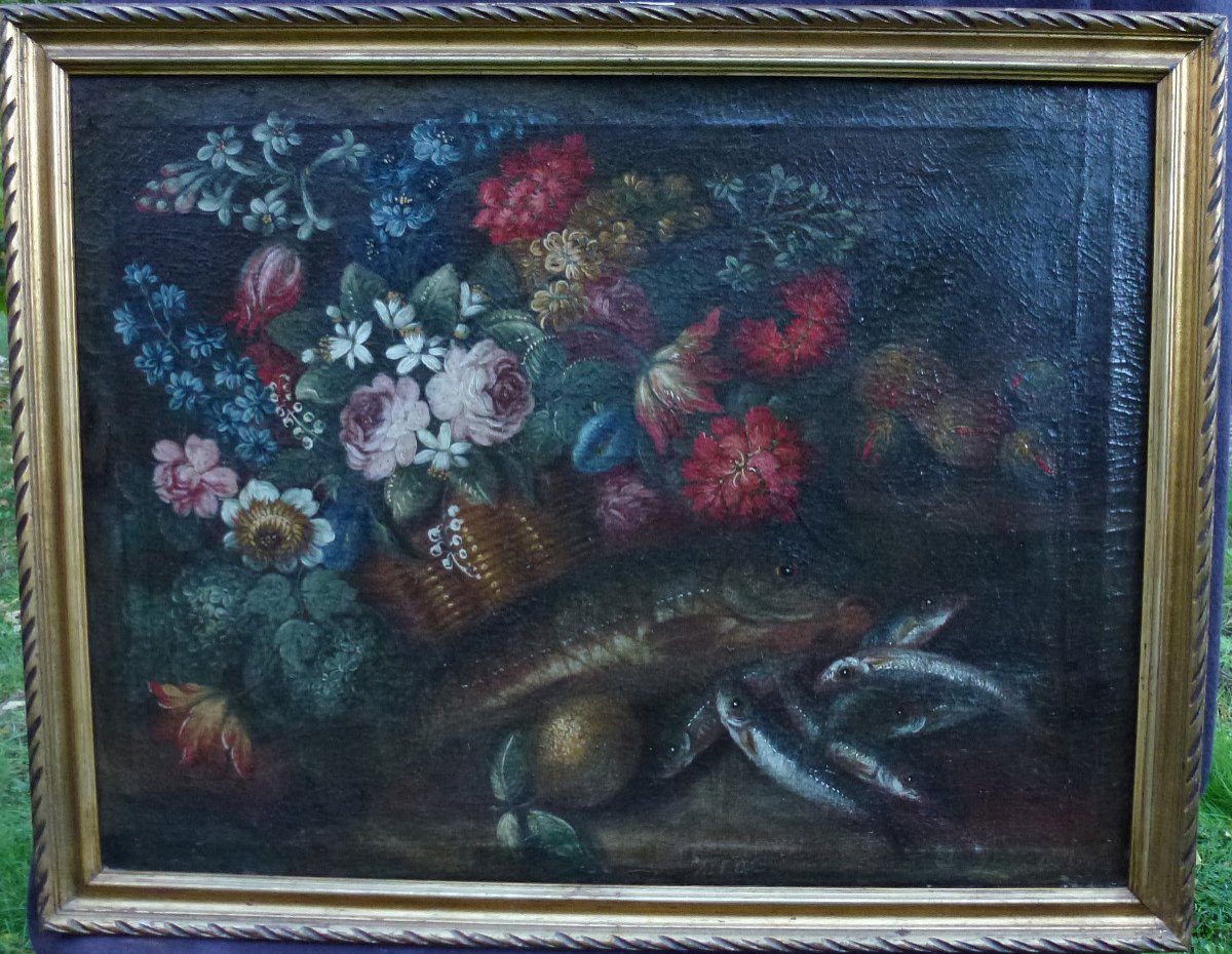 Painting Still Life With Fish Italian School Oil/canvas 17th Century
