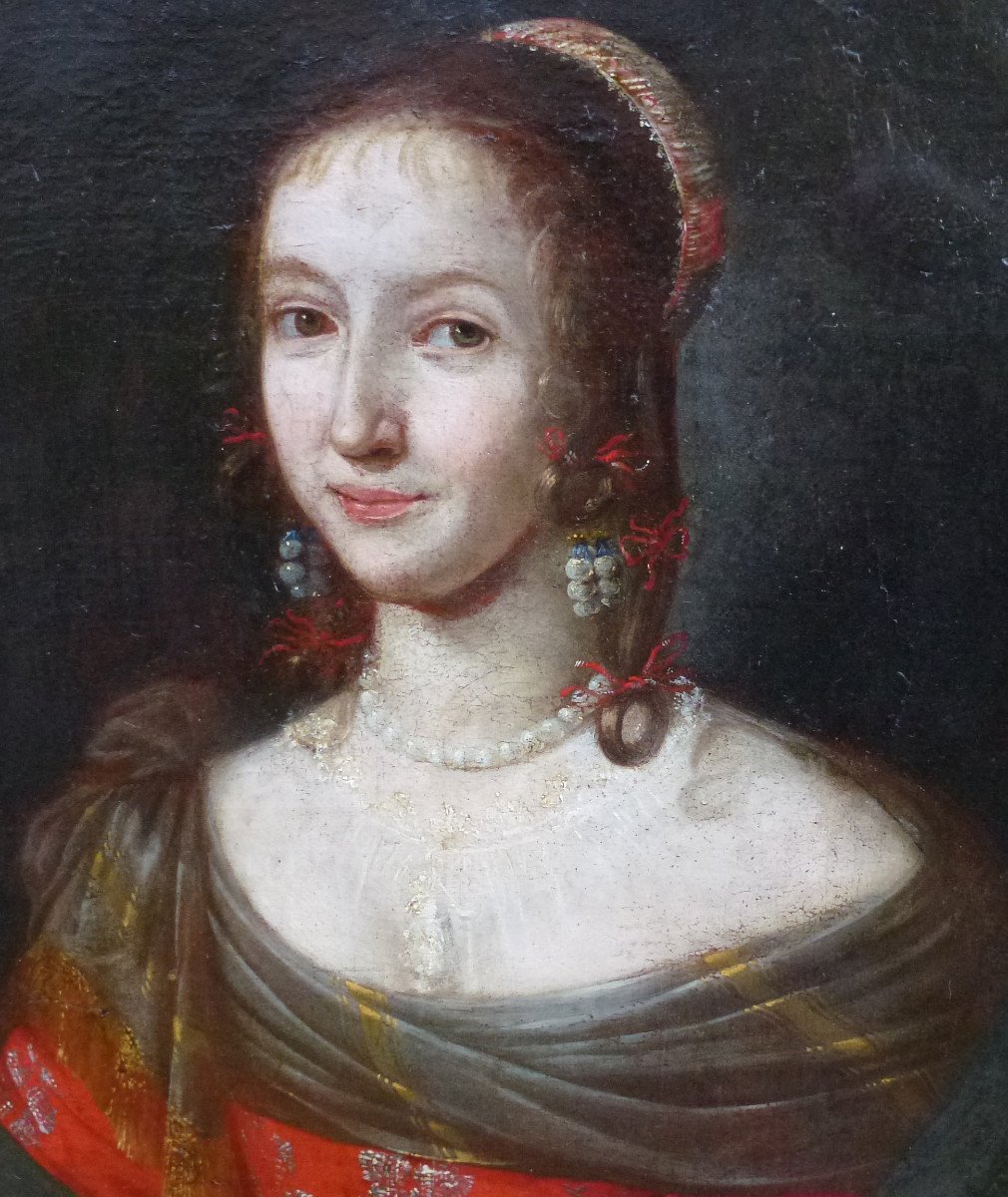 Portrait De Jeune Femme d'Epoque Louis XIII Huile/toile Du XVIIème Siècle-photo-1
