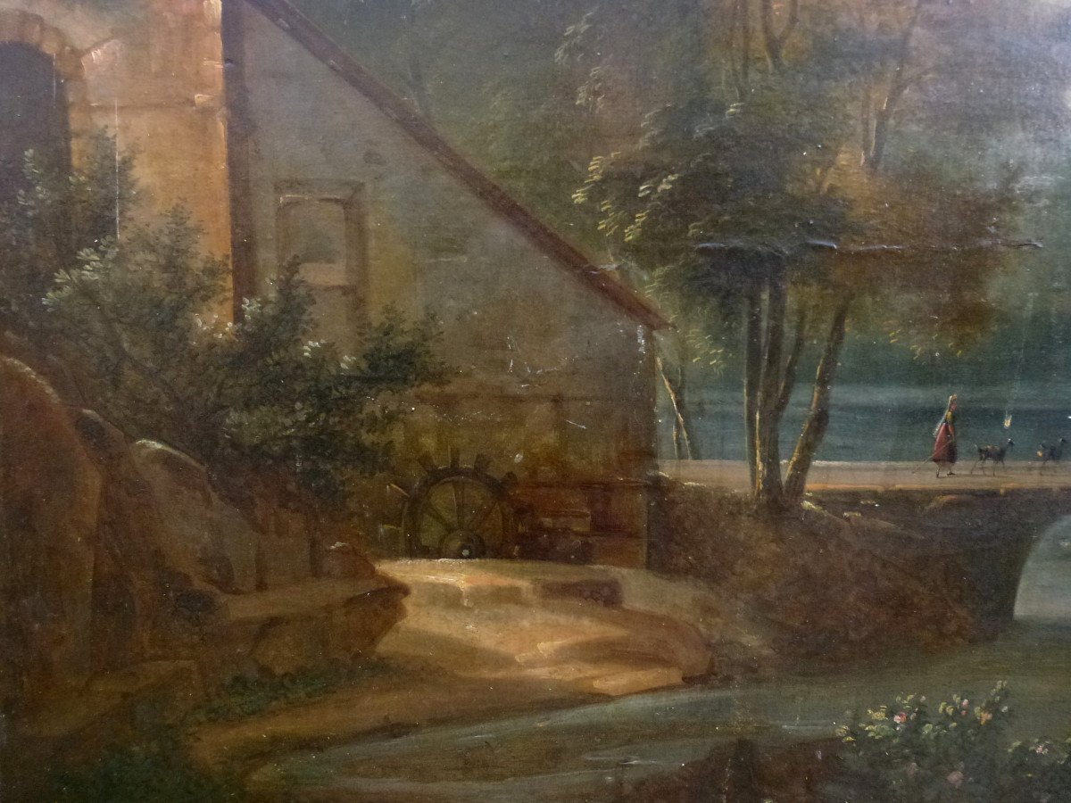 Animated Wooded Landscape Painting At The Bridge Oil/canvas From The 19th Century-photo-3