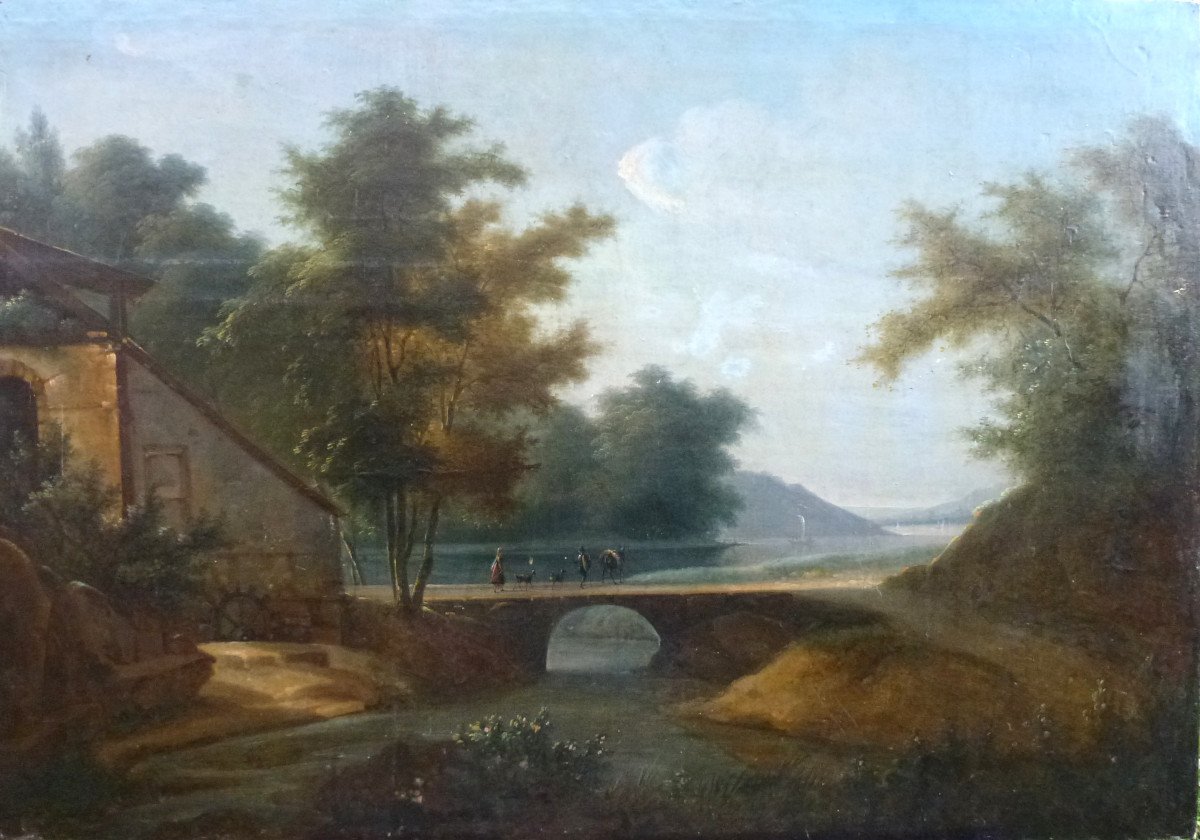 Animated Wooded Landscape Painting At The Bridge Oil/canvas From The 19th Century