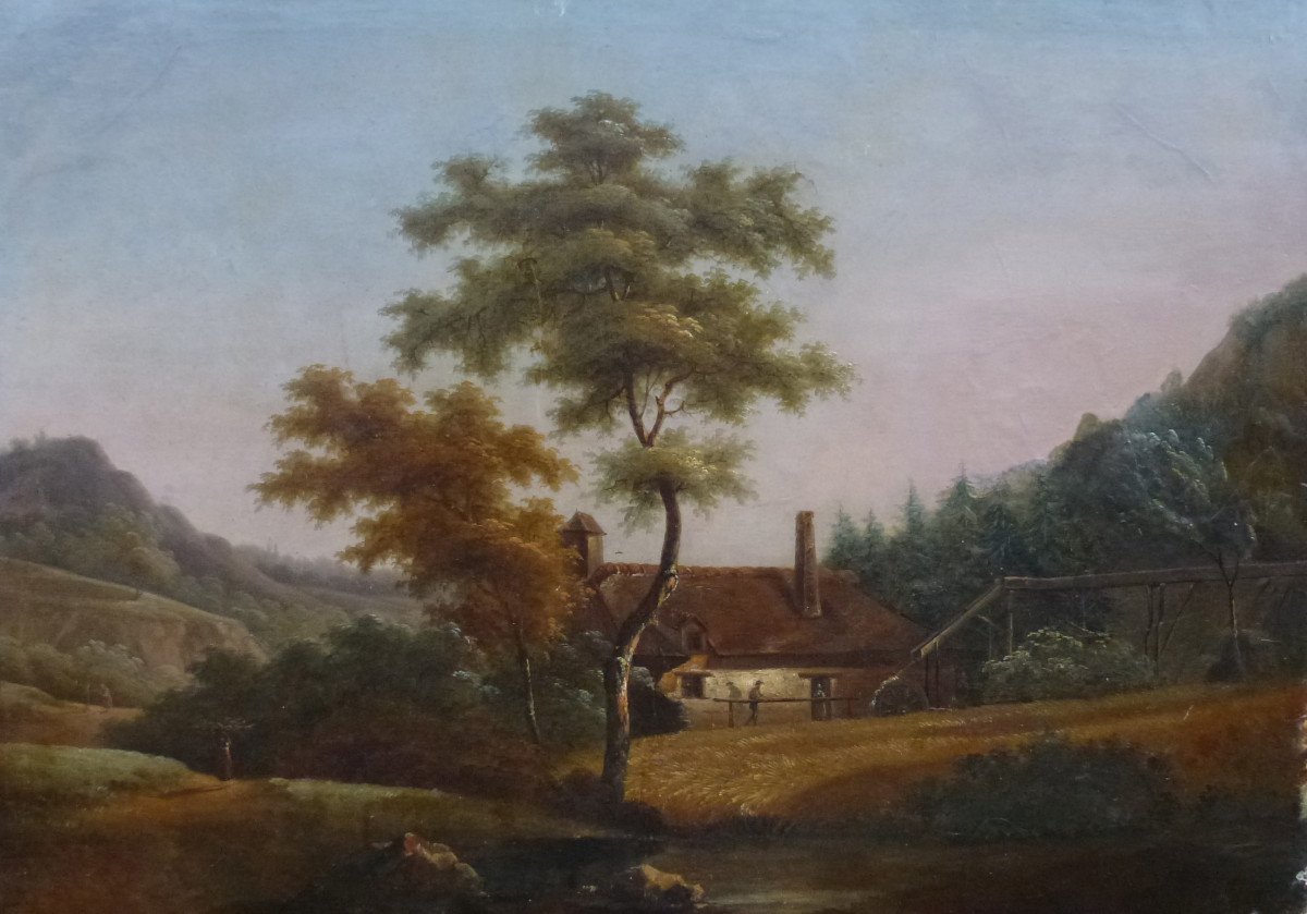 Painting Country Landscape Mill Lakeside Oil/canvas From The 19th Century-photo-2