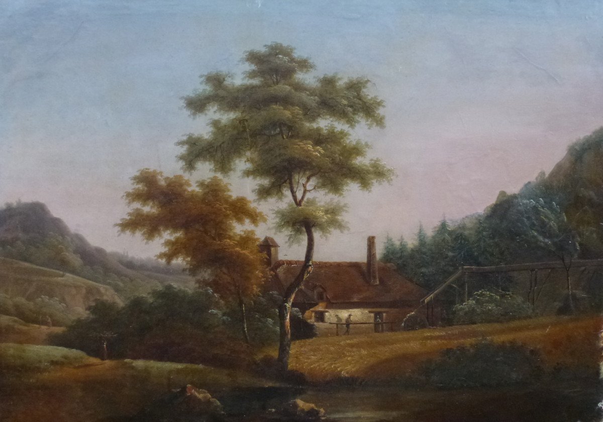 Tableau Paysage Champêtre Moulin Bord De Lac Huile/toile Du XIXème Siècle-photo-2