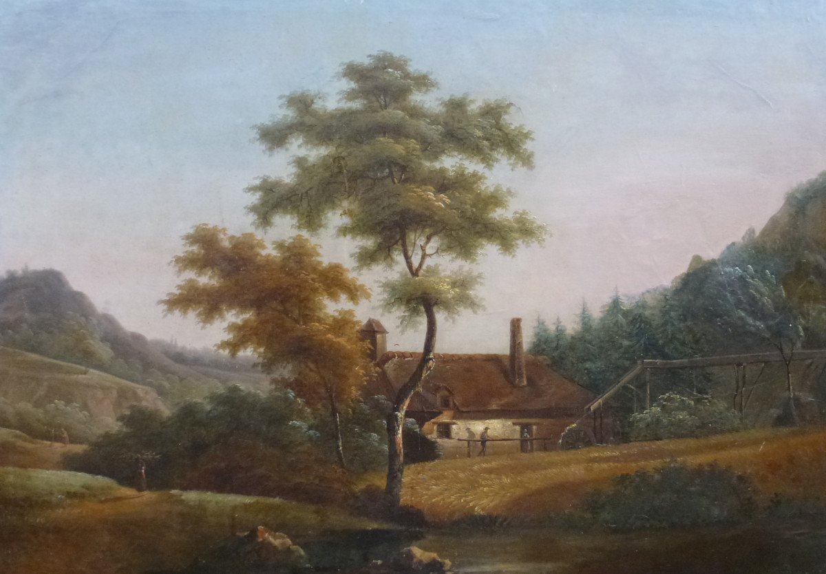 Painting Country Landscape Mill Lakeside Oil/canvas From The 19th Century-photo-3