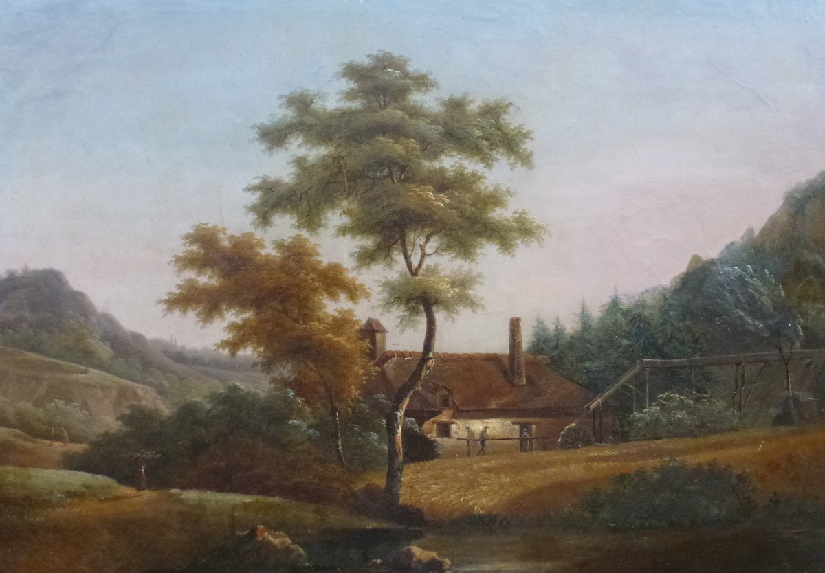 Tableau Paysage Champêtre Moulin Bord De Lac Huile/toile Du XIXème Siècle-photo-3