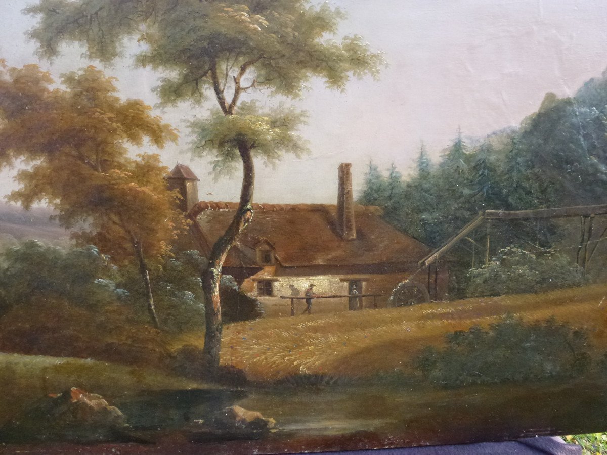 Tableau Paysage Champêtre Moulin Bord De Lac Huile/toile Du XIXème Siècle-photo-4