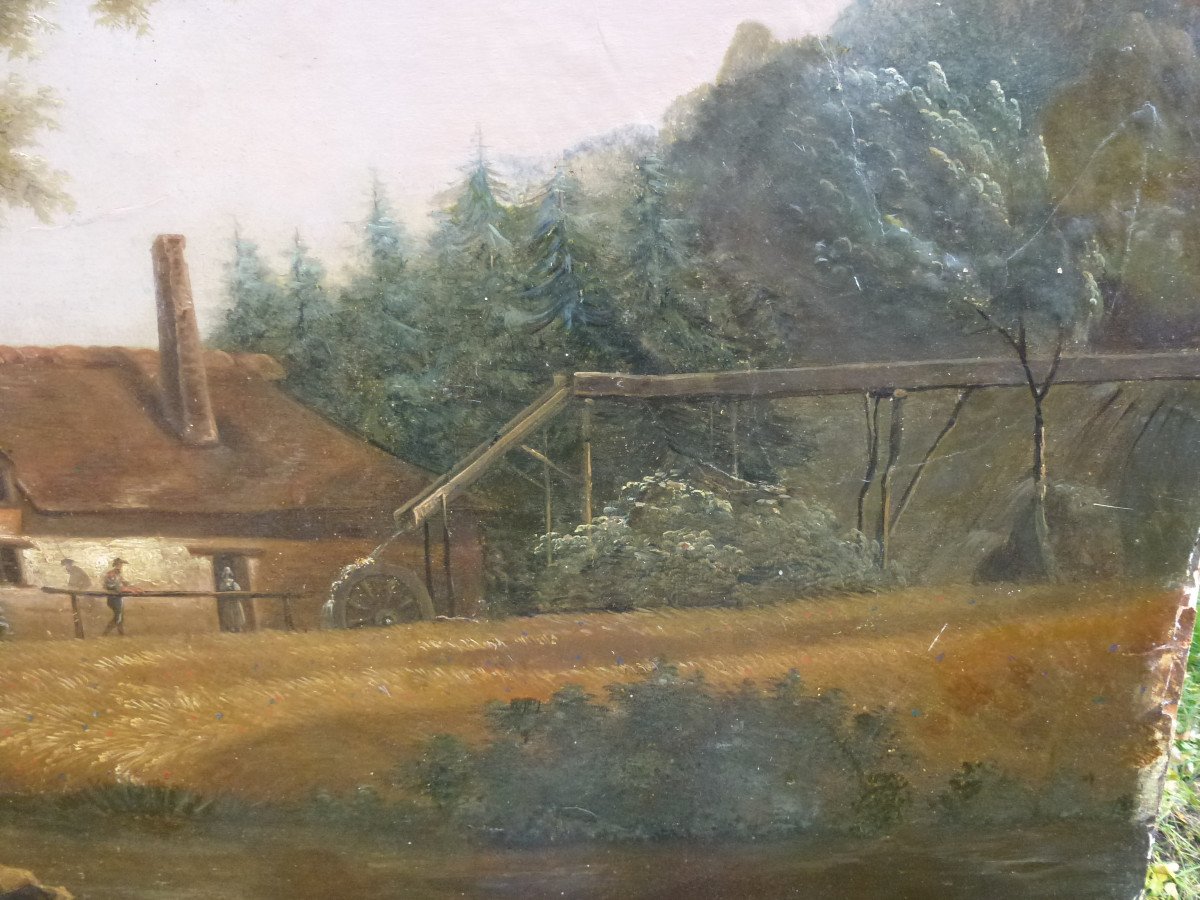 Tableau Paysage Champêtre Moulin Bord De Lac Huile/toile Du XIXème Siècle-photo-1