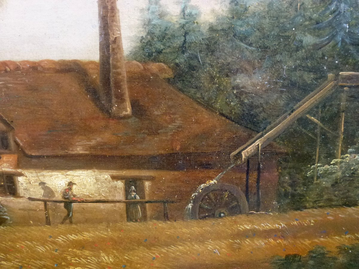 Painting Country Landscape Mill Lakeside Oil/canvas From The 19th Century-photo-2