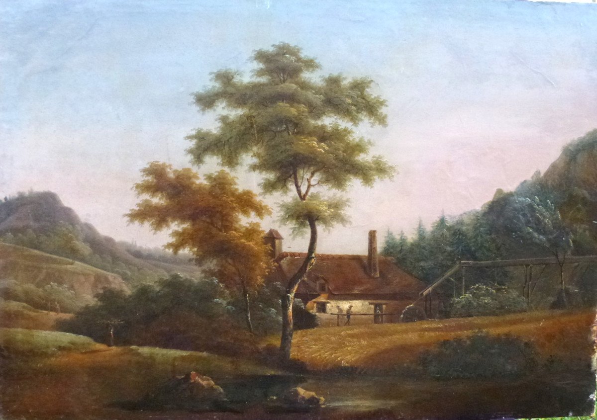 Tableau Paysage Champêtre Moulin Bord De Lac Huile/toile Du XIXème Siècle
