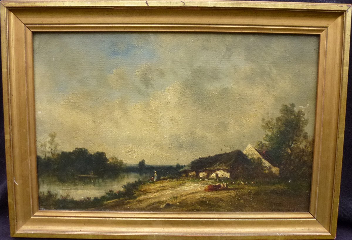 Victor Dupré Country Landscape Lakeside Oil/canvas From The 19th Century-photo-2