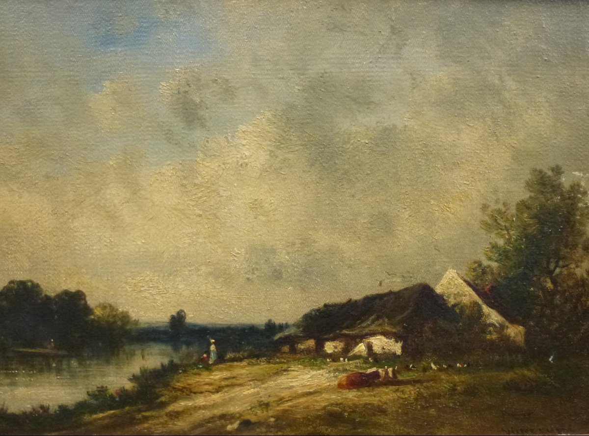 Victor Dupré Country Landscape Lakeside Oil/canvas From The 19th Century-photo-3