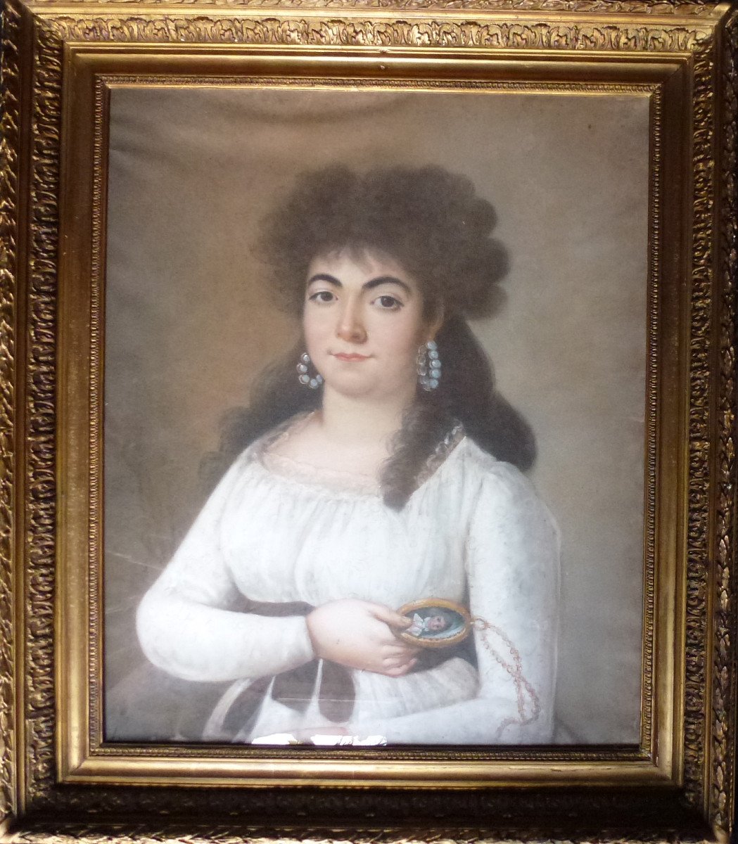 Grand Portrait De Jeune Femme Ier Empire Pastel Sous Verre Début XIXème Siècle-photo-3