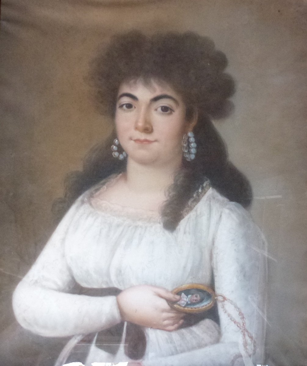 Grand Portrait De Jeune Femme Ier Empire Pastel Sous Verre Début XIXème Siècle-photo-1