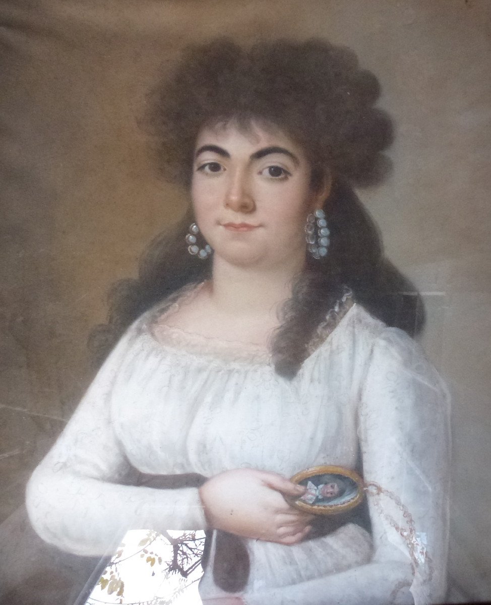 Grand Portrait De Jeune Femme Ier Empire Pastel Sous Verre Début XIXème Siècle-photo-2