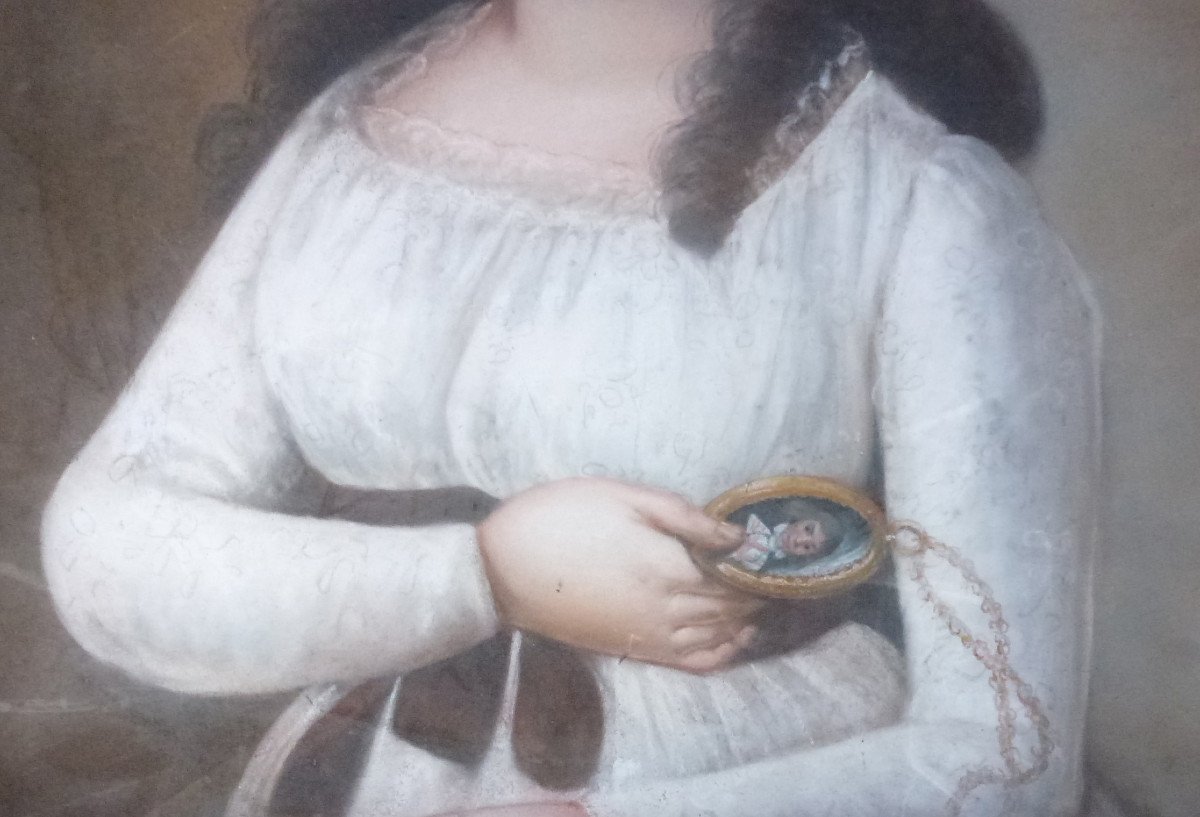 Grand Portrait De Jeune Femme Ier Empire Pastel Sous Verre Début XIXème Siècle-photo-3