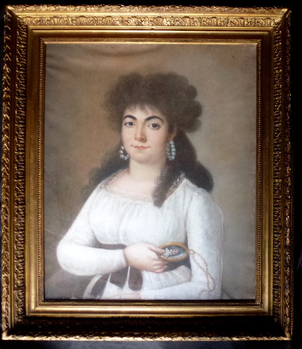 Grand Portrait De Jeune Femme Ier Empire Pastel Sous Verre Début XIXème Siècle