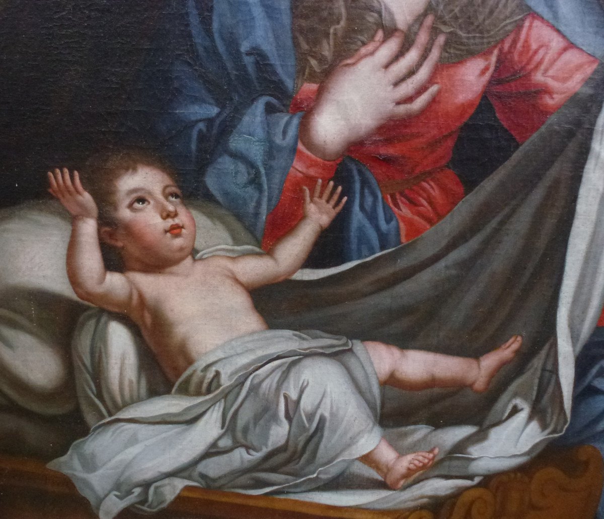 Bouchet Religious Painting Virgin And Child Oil/canvas 17th Century Coat Of Arms-photo-2