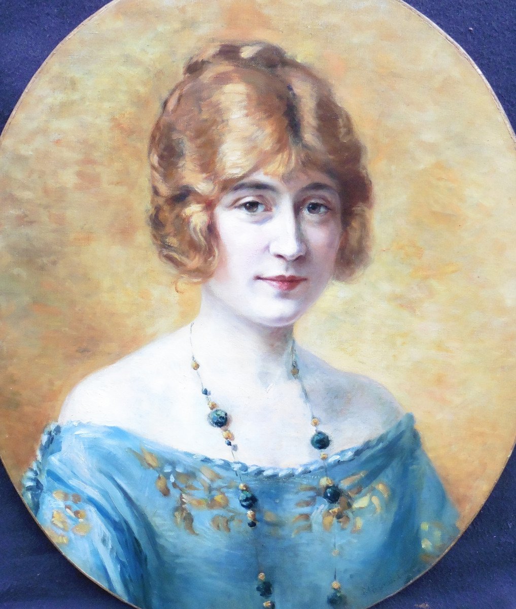 Portrait Of Young Woman Oil/canvas From The 20th Century Art Deco Signed-photo-2