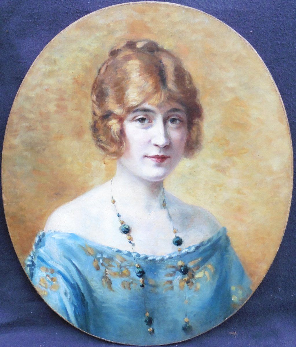 Portrait Of Young Woman Oil/canvas From The 20th Century Art Deco Signed