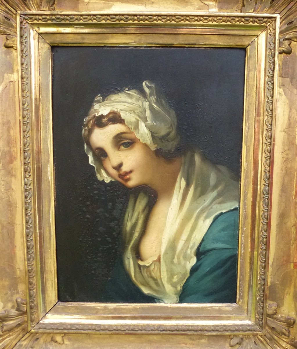 Portrait d'Une Jeune Femme d'Après Greuze Huile/toile Du XIXème Siècle-photo-3