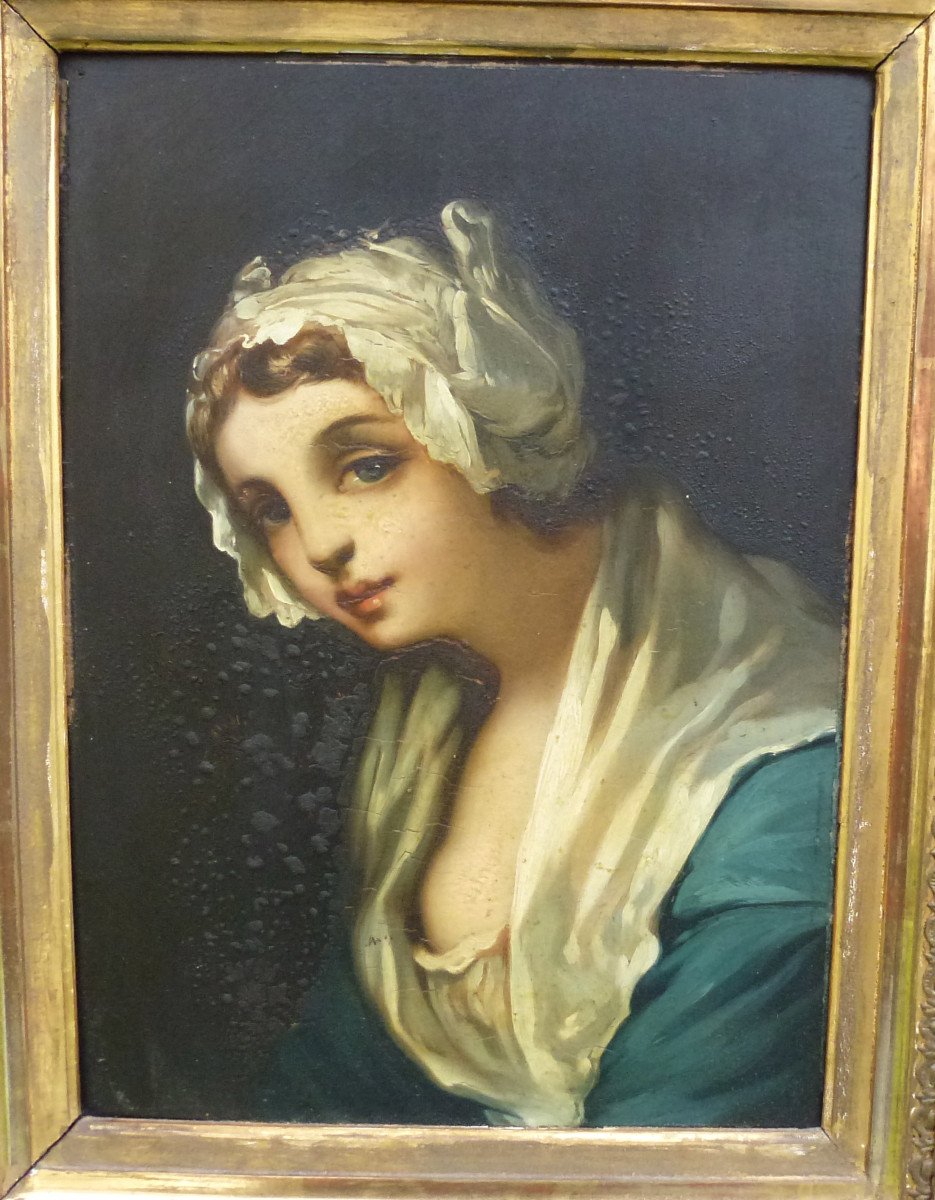 Portrait d'Une Jeune Femme d'Après Greuze Huile/toile Du XIXème Siècle-photo-4