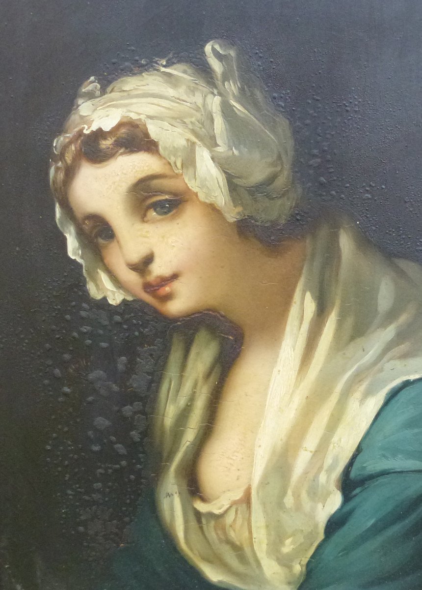 Portrait d'Une Jeune Femme d'Après Greuze Huile/toile Du XIXème Siècle-photo-1