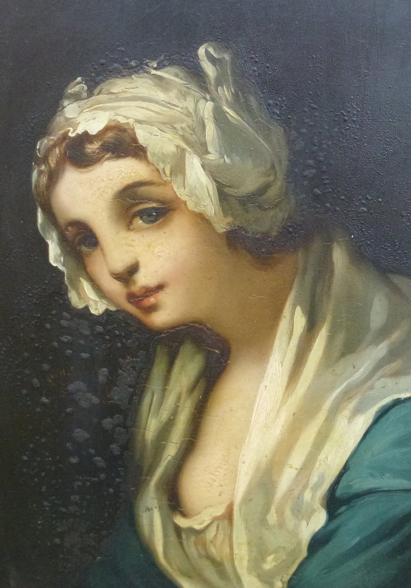 Portrait d'Une Jeune Femme d'Après Greuze Huile/toile Du XIXème Siècle-photo-5