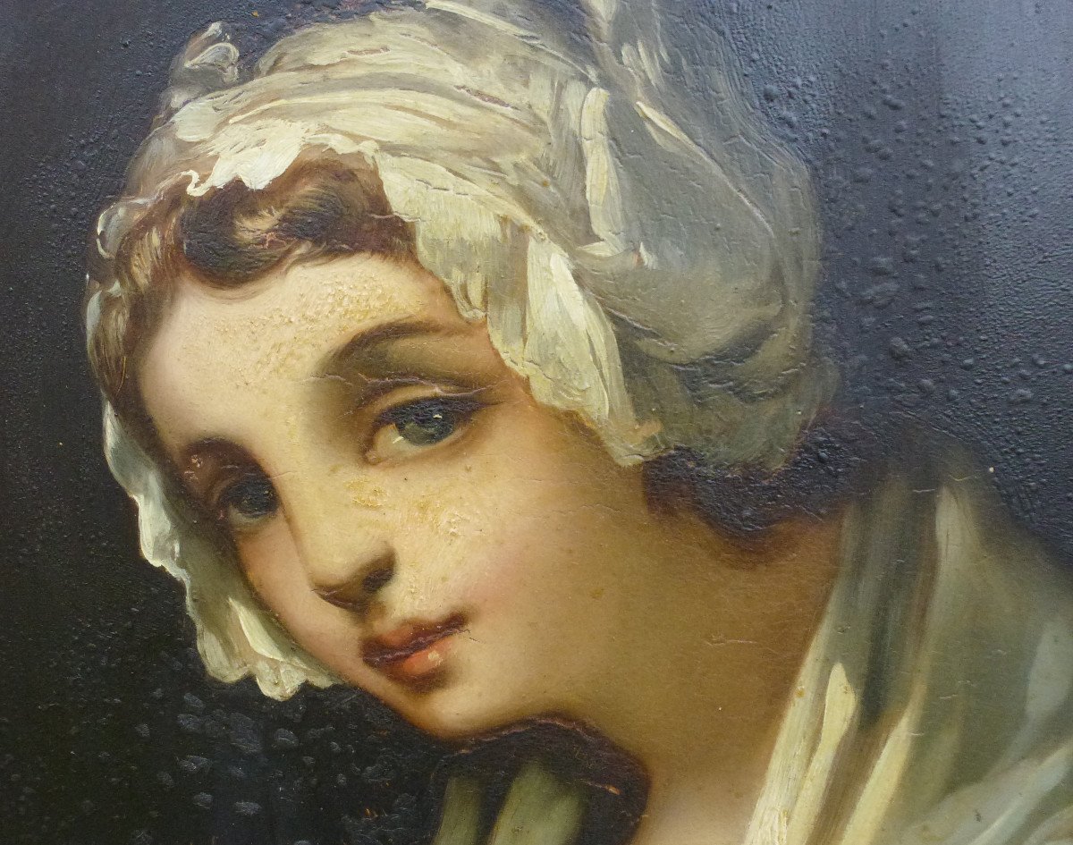 Portrait d'Une Jeune Femme d'Après Greuze Huile/toile Du XIXème Siècle-photo-6