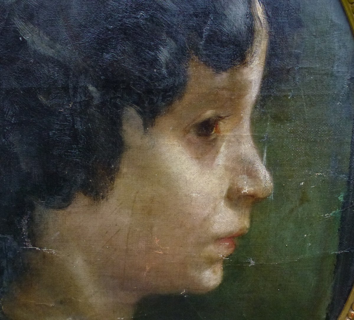 Portrait Of Young Woman In Profile Oil/canvas Late 19th Century-photo-1