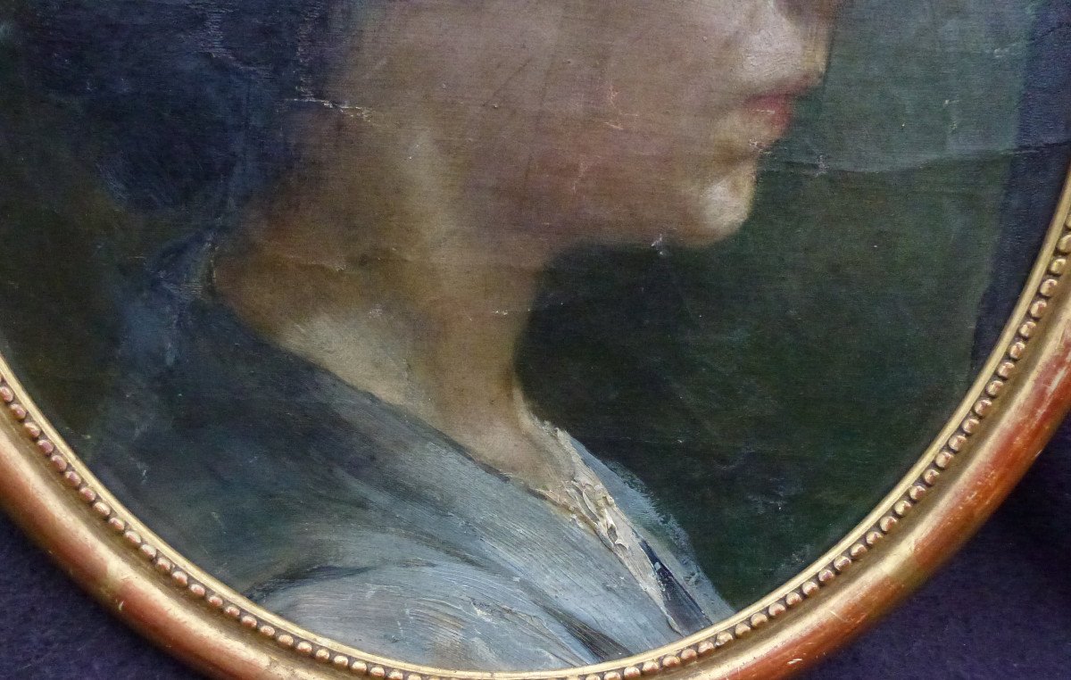 Portrait De Jeune Femme De Profil Huile/toile Fin XIXème Siècle-photo-2