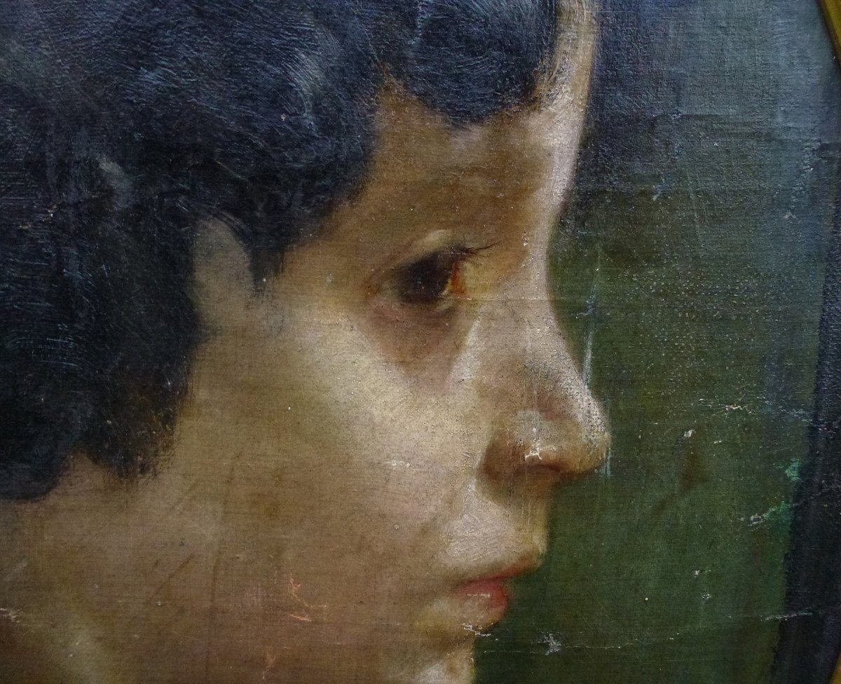 Portrait Of Young Woman In Profile Oil/canvas Late 19th Century-photo-5