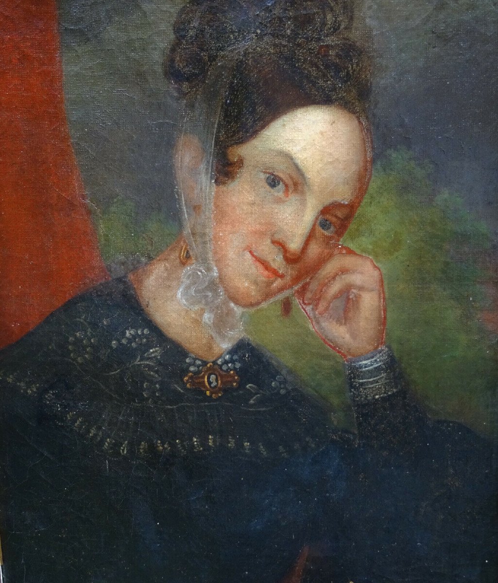 Portrait De Femme d'Epoque Louis Philippe Huile/toile XIXème Siècle-photo-1