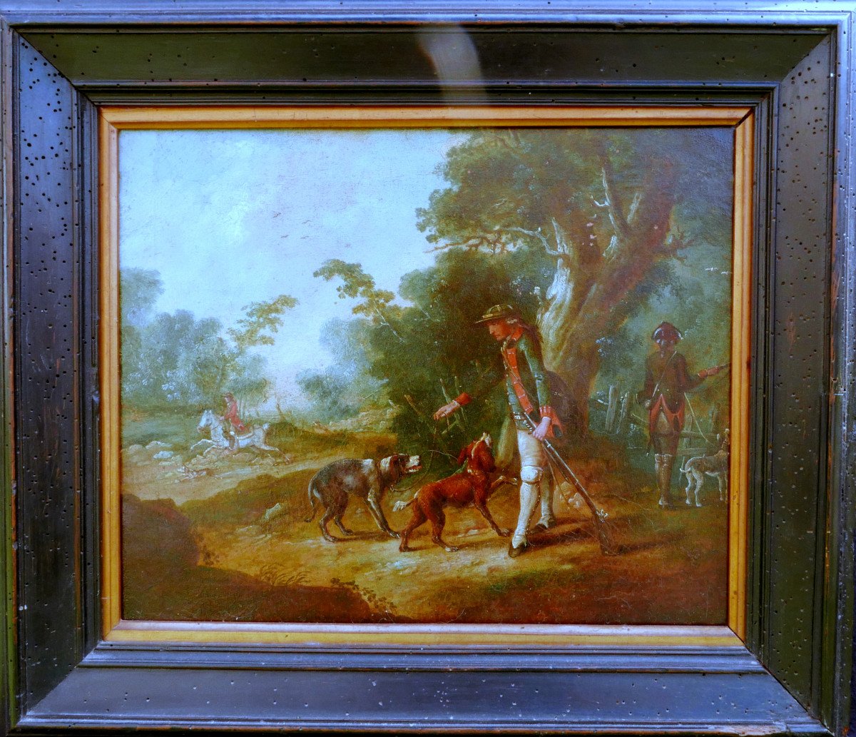 18th Century Oil/canvas Dog Hunting Scene Painting-photo-2