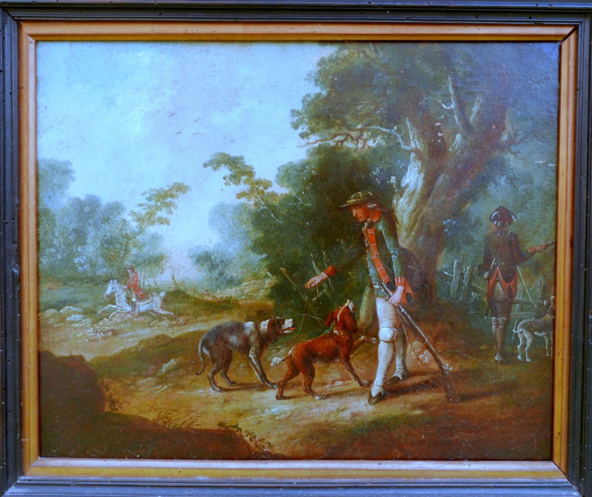 18th Century Oil/canvas Dog Hunting Scene Painting-photo-3