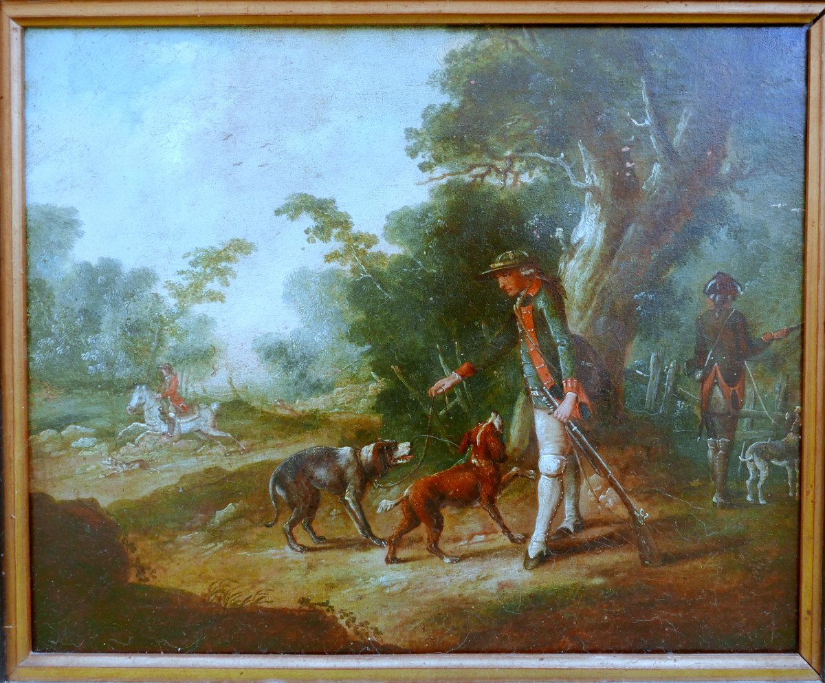 18th Century Oil/canvas Dog Hunting Scene Painting-photo-4